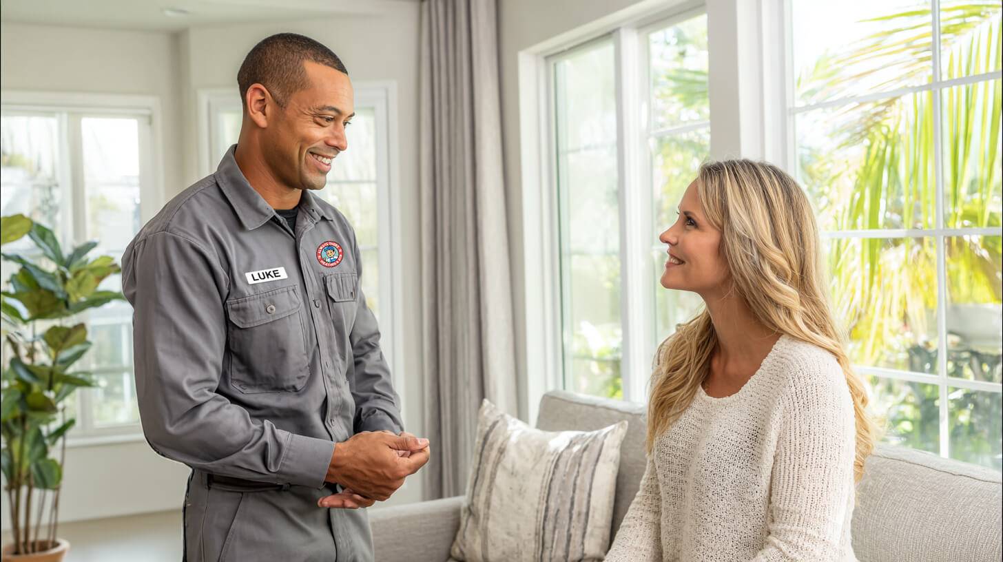 Tech talking to woman