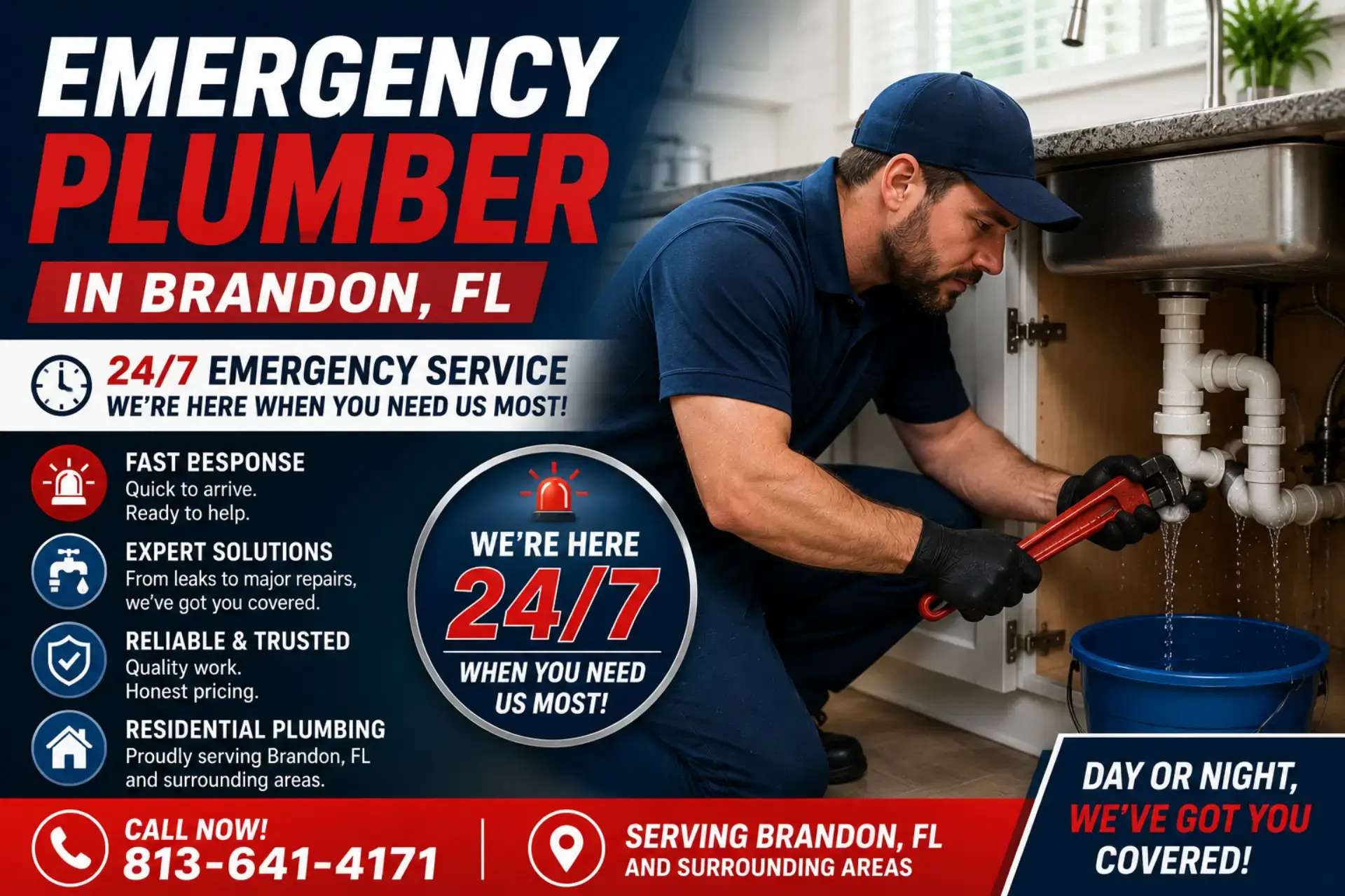 Emergency plumber in Brandon, FL responding to a residential plumbing leak under a kitchen sink
