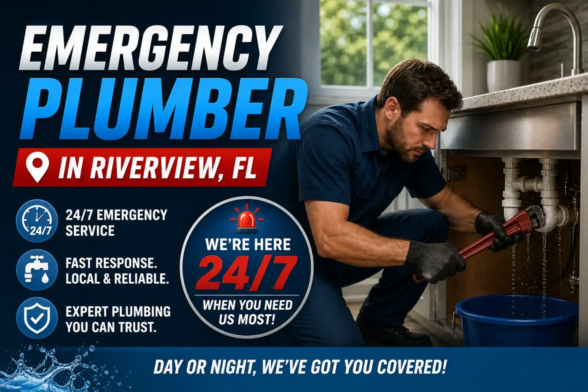 Emergency plumber in Riverview, FL repairing a leaking kitchen sink during a residential plumbing emergency