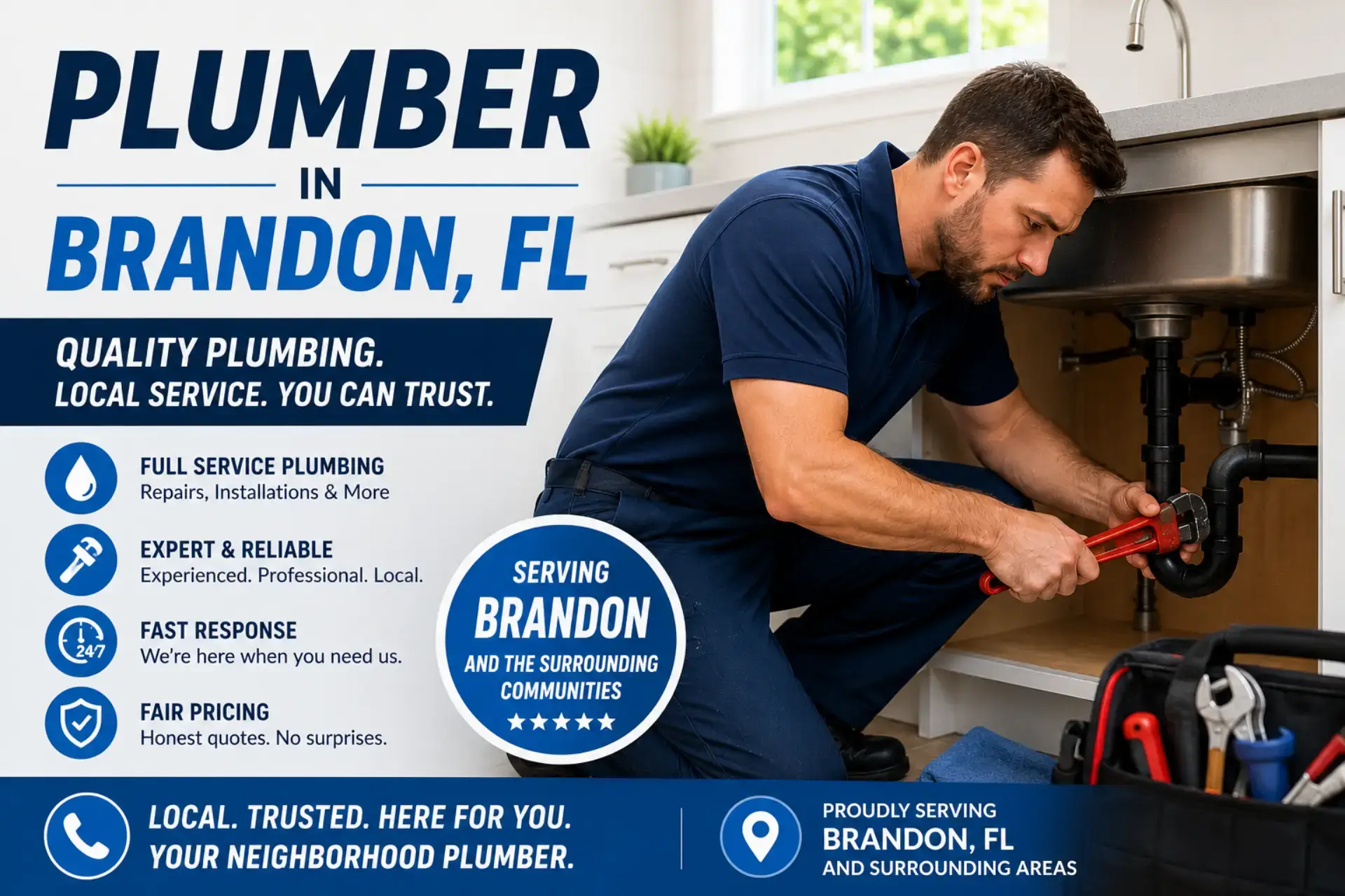 Professional plumber in Brandon, FL repairing residential kitchen plumbing under a sink