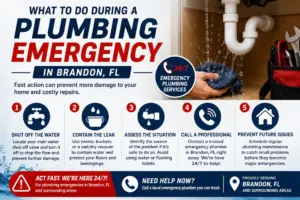 Homeowner dealing with a plumbing emergency in Brandon, FL while shutting off water under a leaking sink