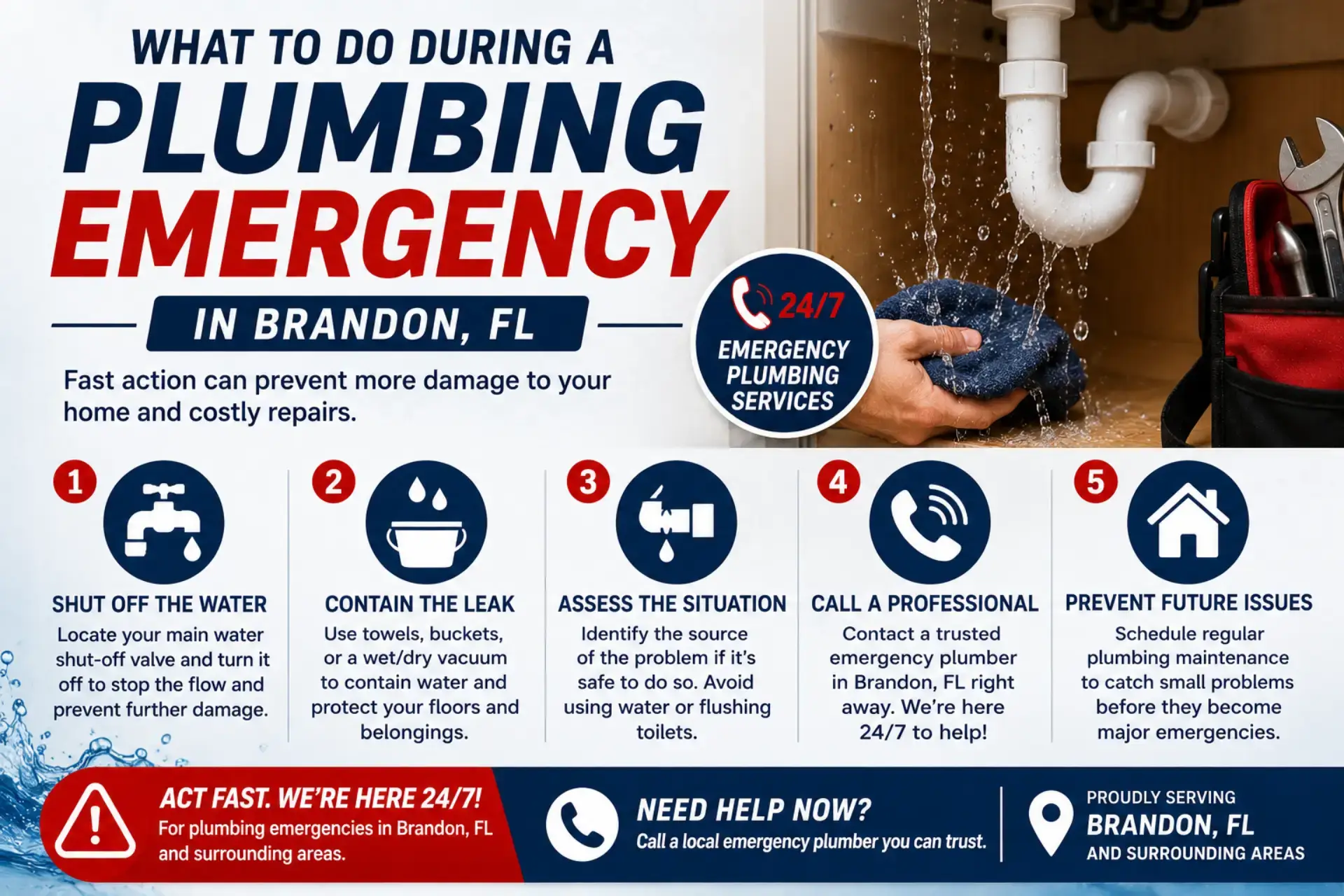 Homeowner dealing with a plumbing emergency in Brandon, FL while shutting off water under a leaking sink