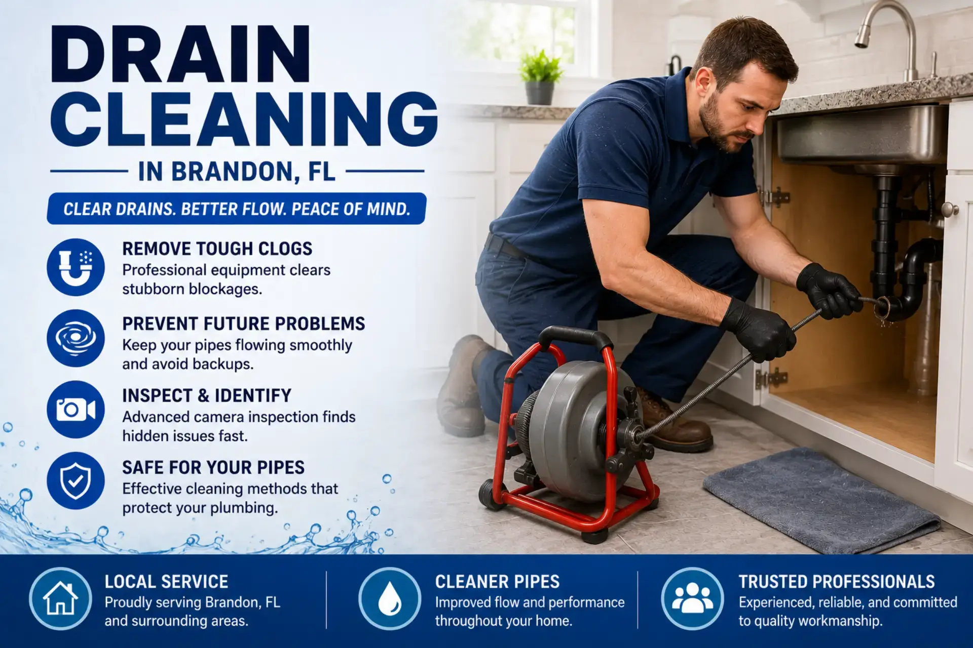 Drain cleaning in Brandon, FL with a plumber using professional equipment to clear a clogged kitchen drain