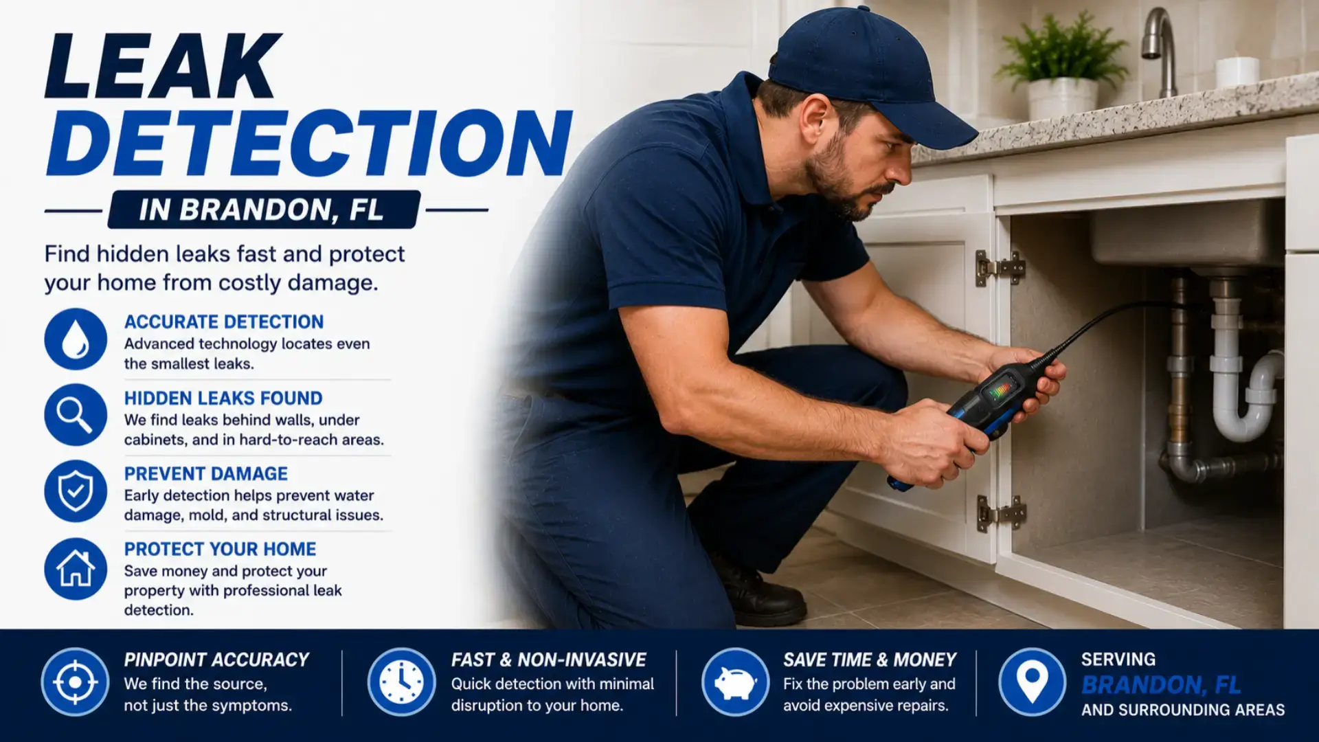 Leak detection in Brandon, FL with a plumber inspecting plumbing pipes under a kitchen sink cabinet