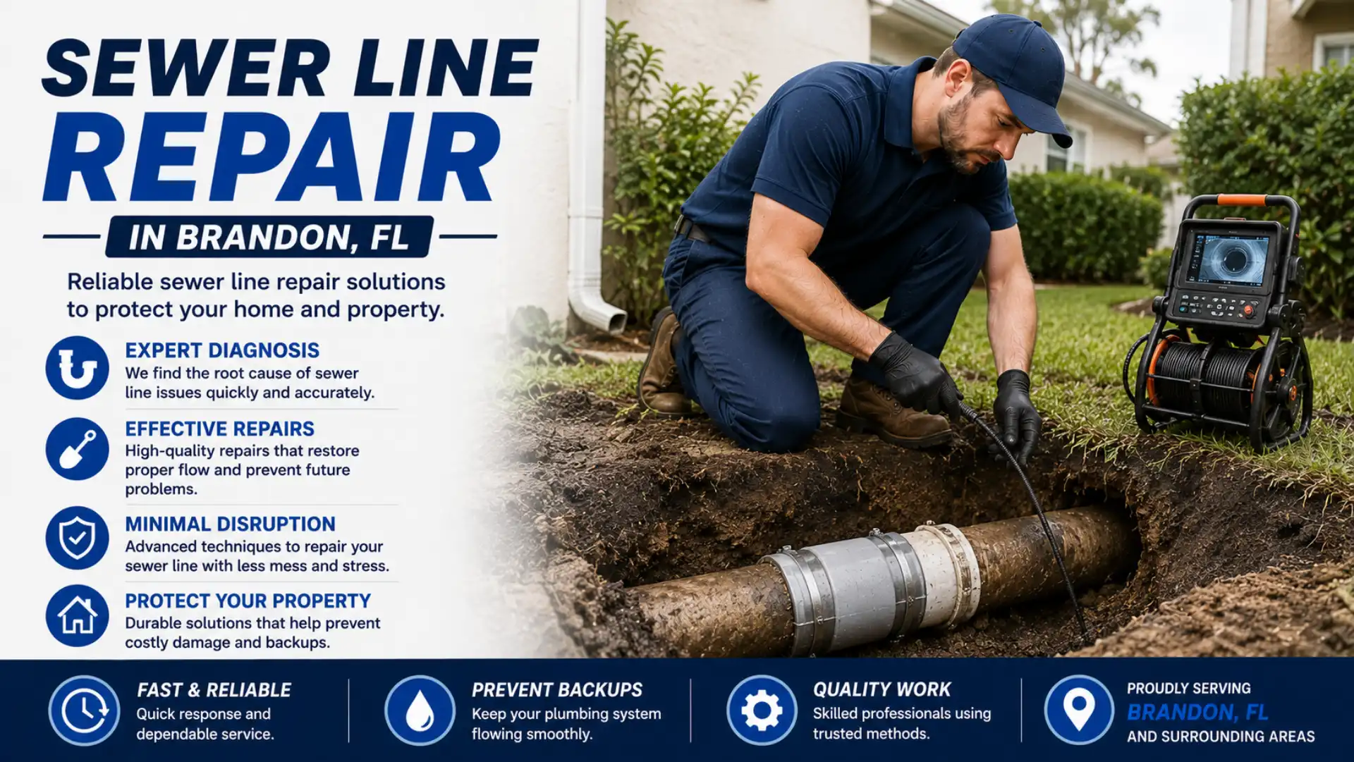 Sewer line repair in Brandon, FL with a plumber inspecting underground drain and sewer piping