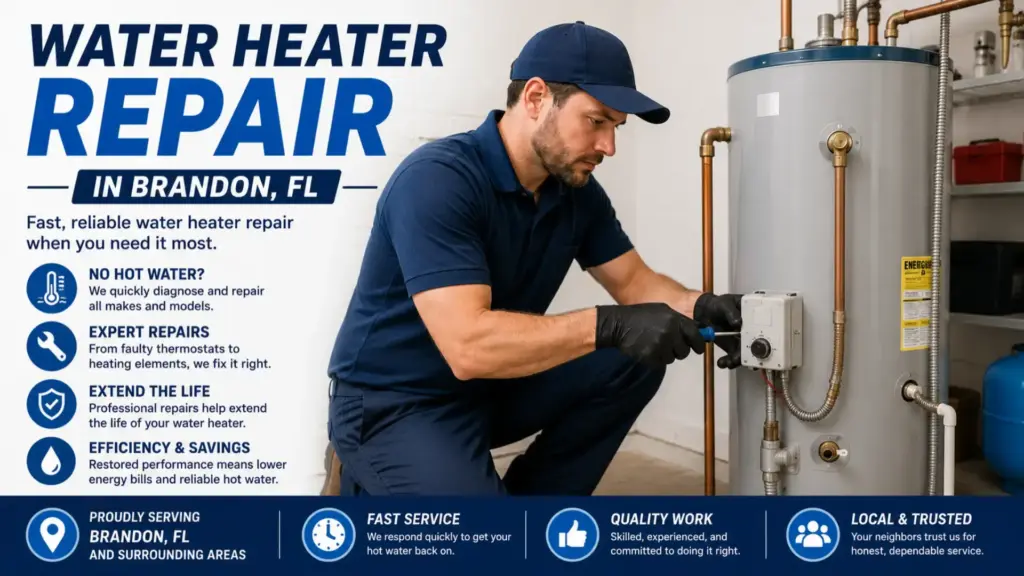 Water Heater Repair In Brandon, Fl 3 Water heater repair in Brandon, FL with a plumber repairing a residential hot water heater system