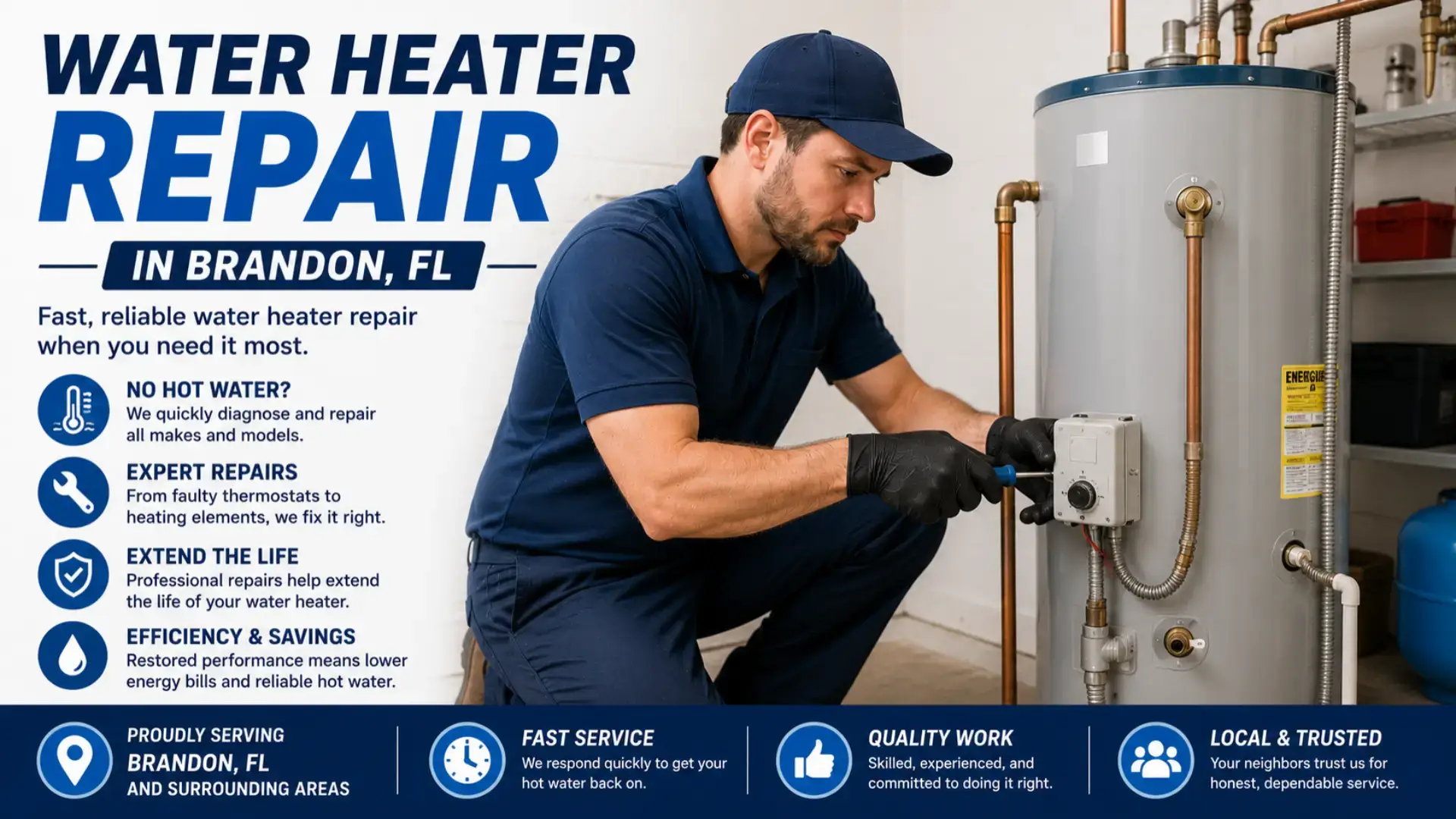 Water heater repair in Brandon, FL with a plumber repairing a residential hot water heater system