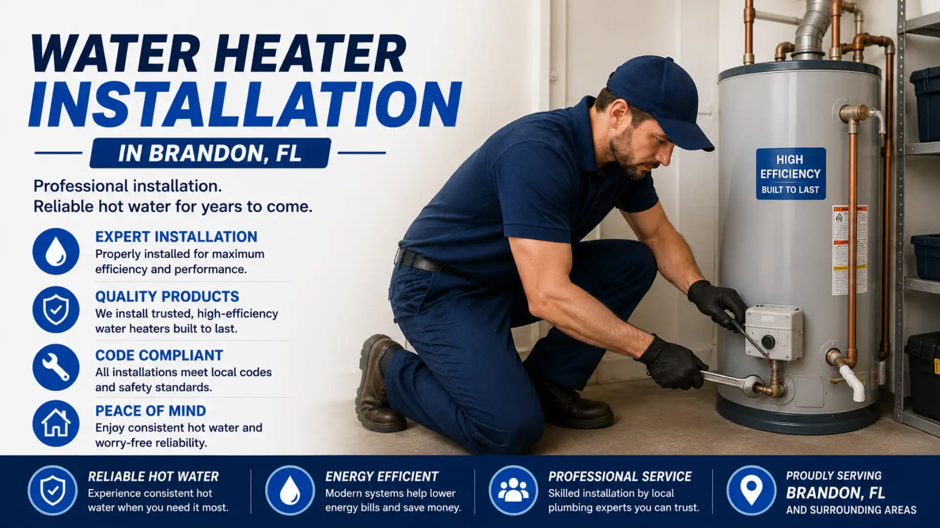 Water heater installation in Brandon, FL with a plumber installing a new residential hot water heater system