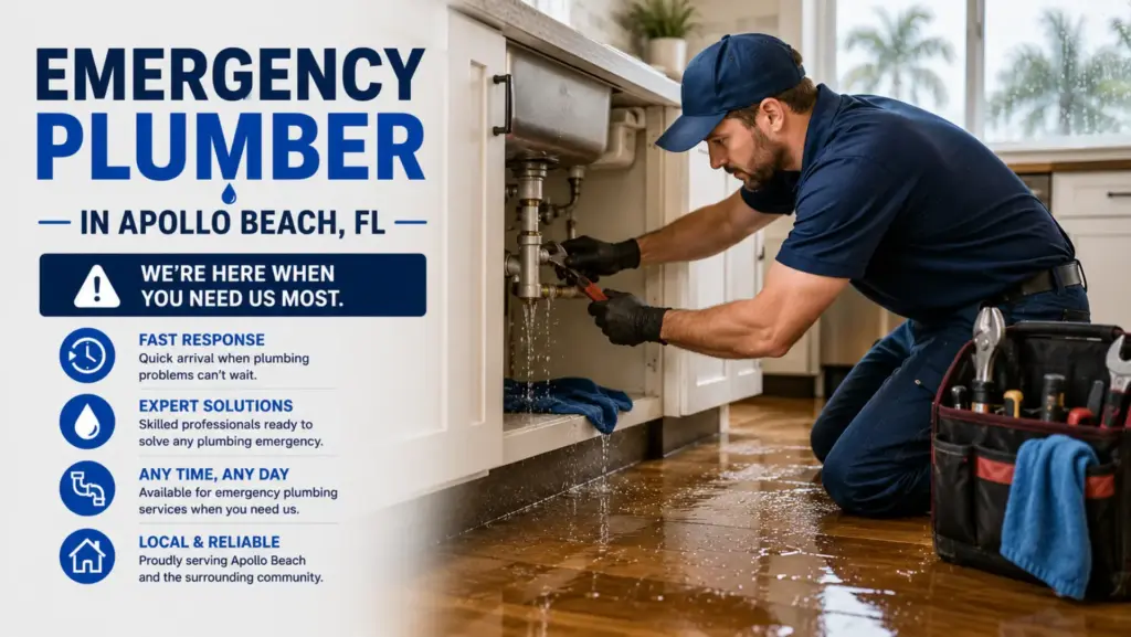 Emergency plumber in Apollo Beach, FL repairing a leaking pipe under a residential kitchen sink