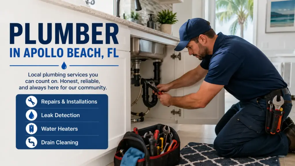 Professional plumber in Apollo Beach, FL repairing residential kitchen plumbing under a sink