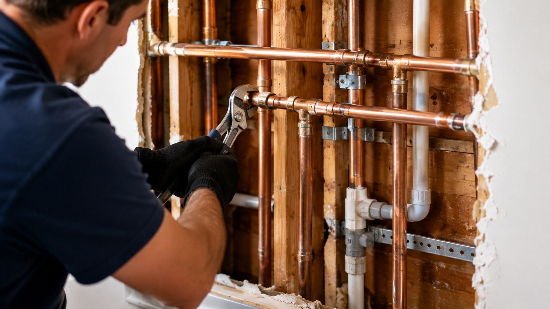 Whole house repiping services in Tampa Bay with plumber installing residential water pipes