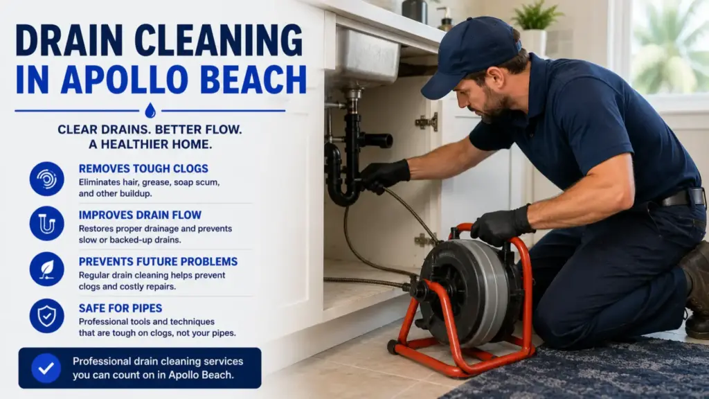 Drain cleaning in Apollo Beach, FL with a plumber clearing a clogged residential kitchen drain