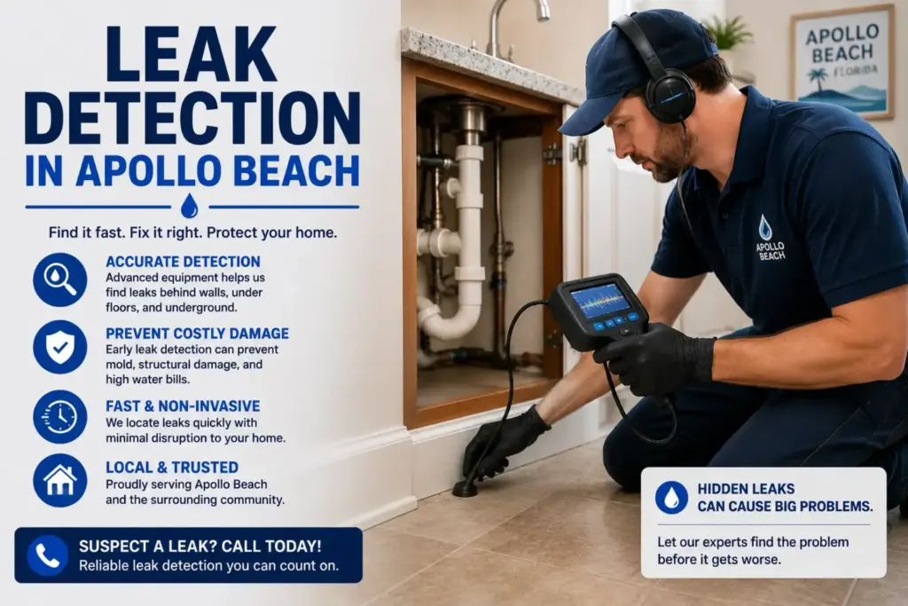 Leak detection in Apollo Beach, FL with a plumber inspecting hidden plumbing leaks beneath a residential cabinet