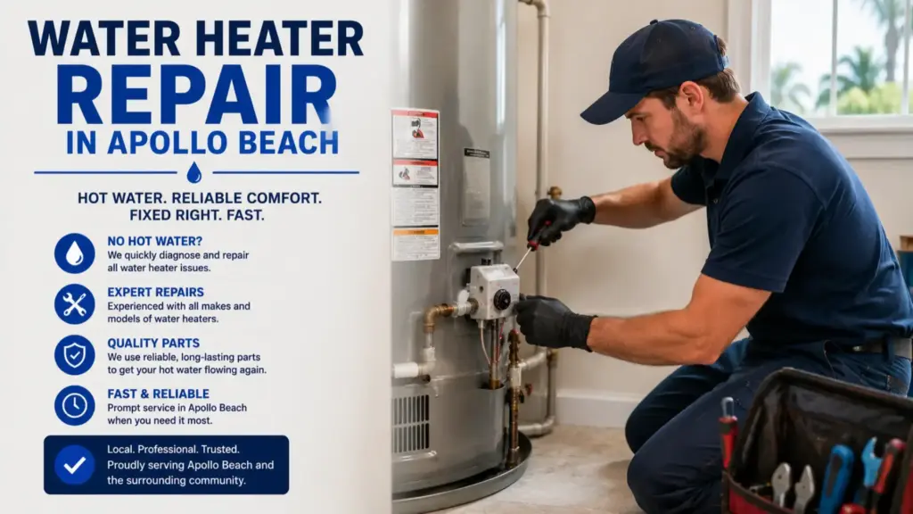 Water Heater Repair In Apollo Beach, Fl 1 Water heater repair in Apollo Beach, FL with a plumber servicing a residential hot water heater system