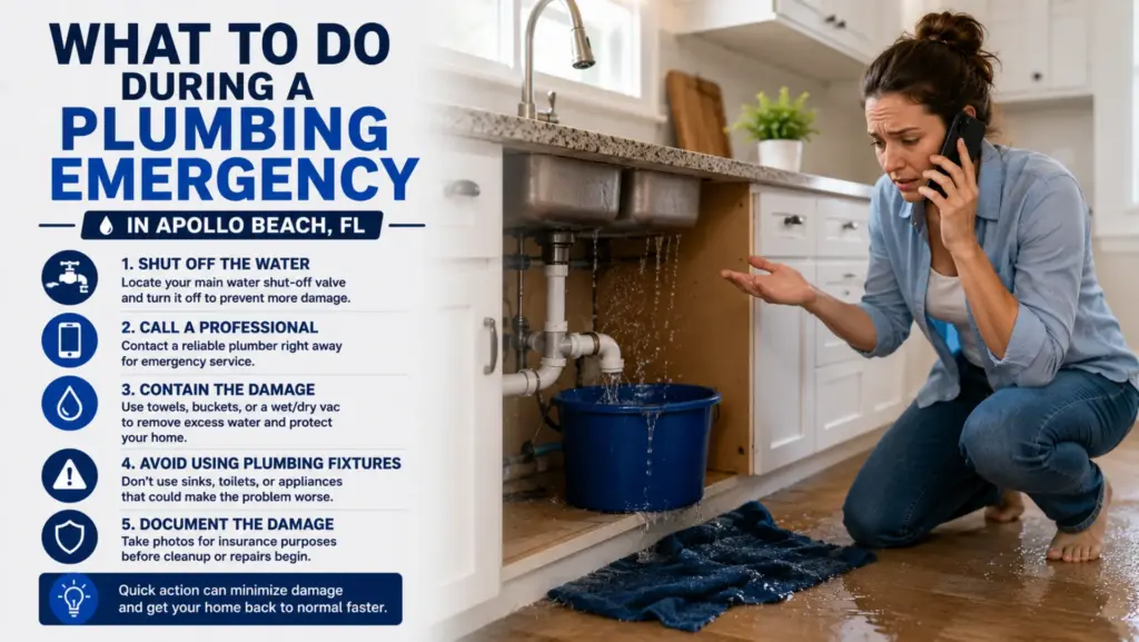 Homeowner in Apollo Beach, FL responding to a plumbing emergency with water leaking under a kitchen sink